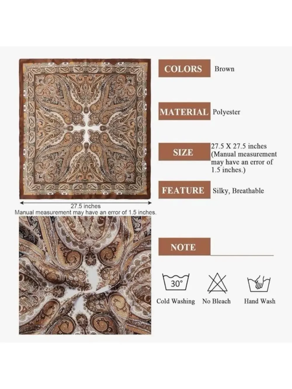 Brown Paisley Polyester Satin Head Scarf Silky Hair Bandana Neck Scarf NEW